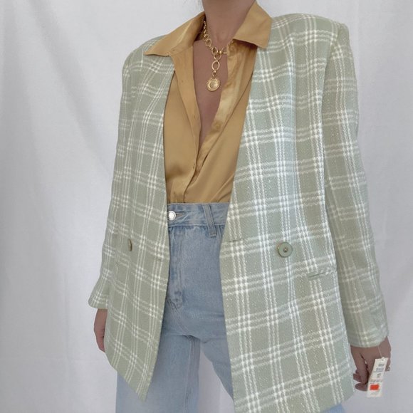 Vintage Pistachio & White Oversized Plaid Blazer - Picture 2 of 10
